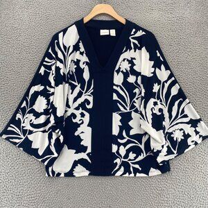 Chicos Top Womens 1 US Medium Navy Knit Kit Floral Shadows 1/2 Sleeves V Neck